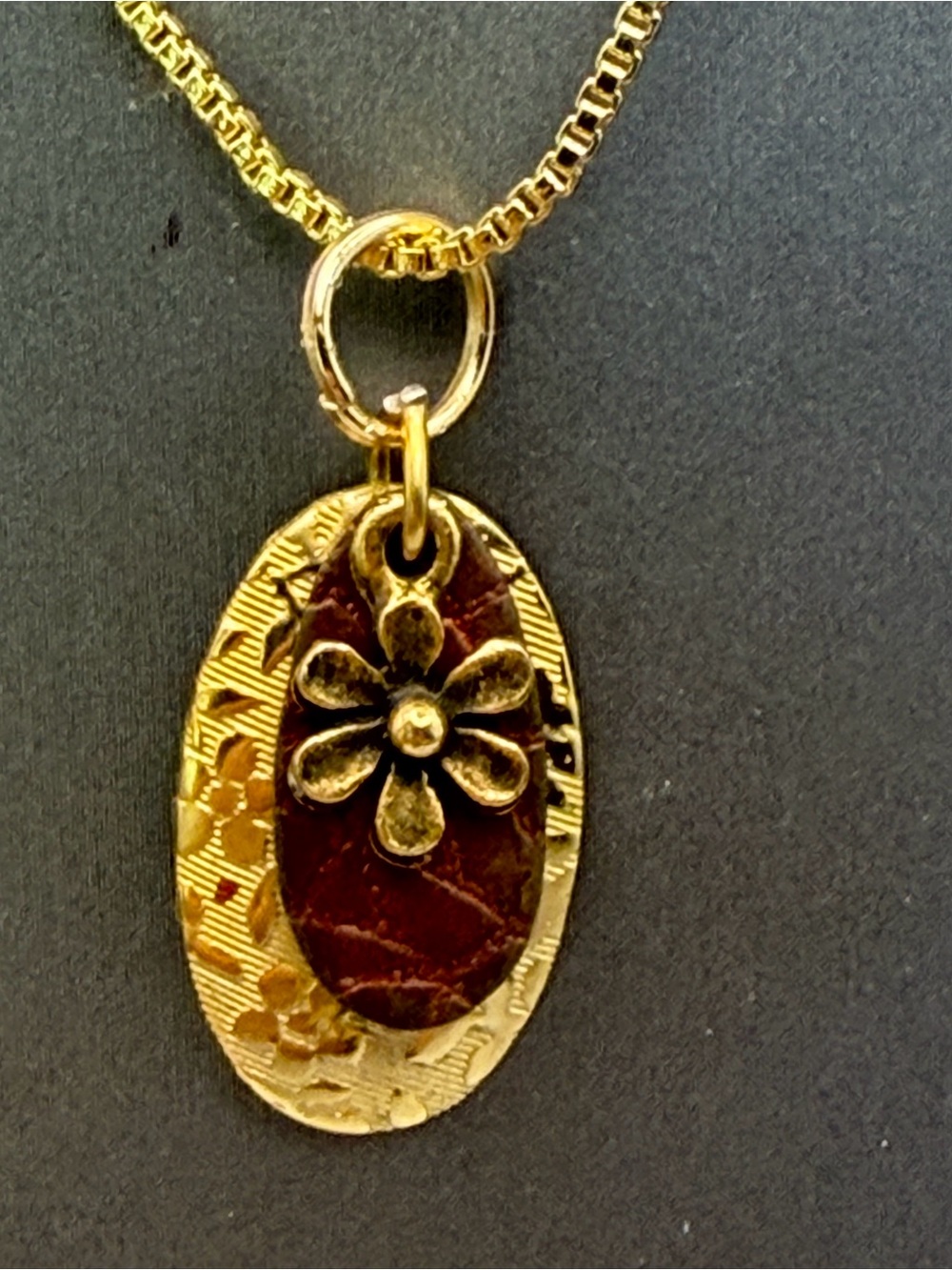 Layered Textured Floral Oval Pendant Gold Tone Necklace